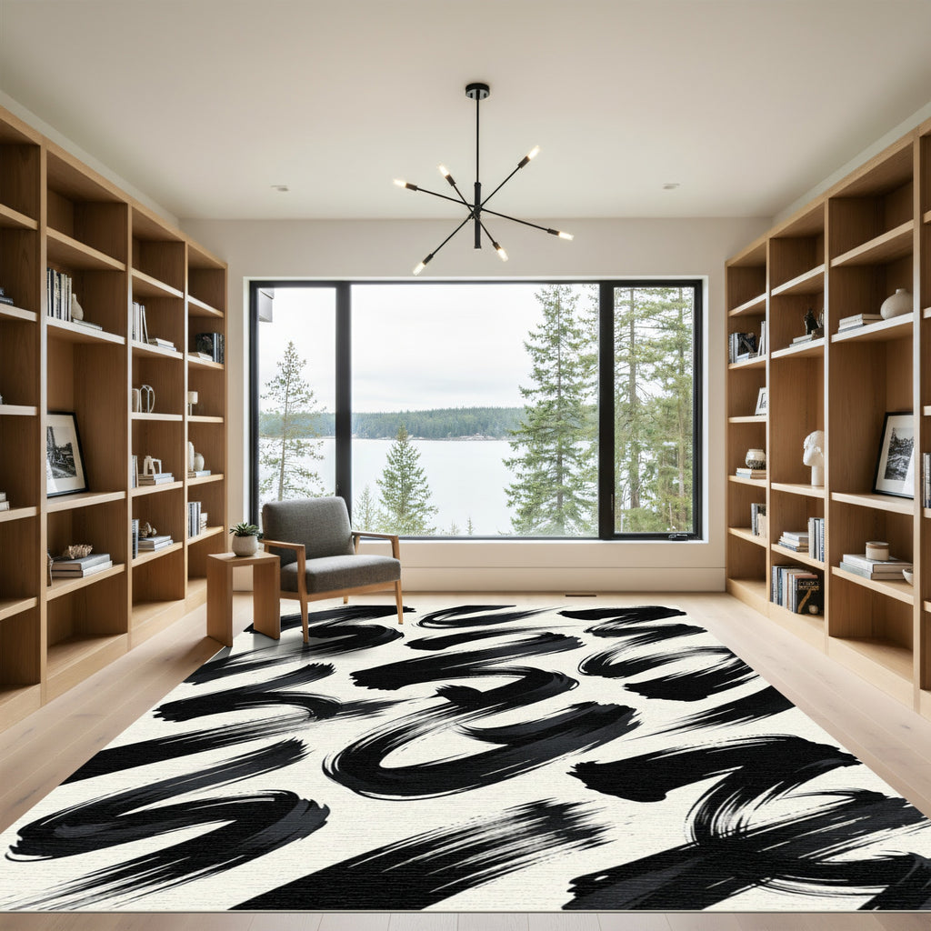 Black Brushstroke Abstract Swirl Rug