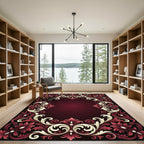 Elegant Crimson Ivory Damask Scroll Rug