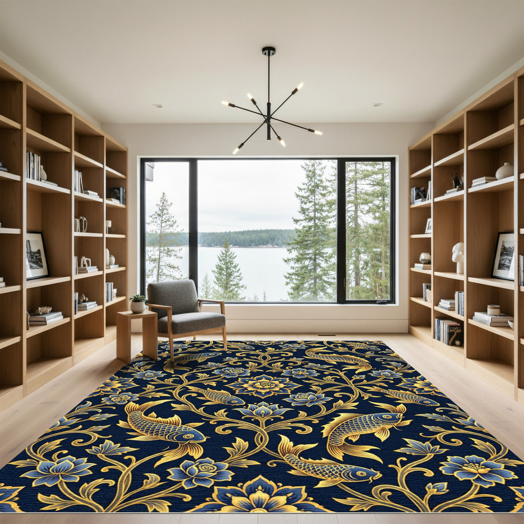 Golden Koi Fish Navy Floral Scroll Rug