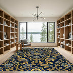 Golden Koi Fish Navy Floral Scroll Rug