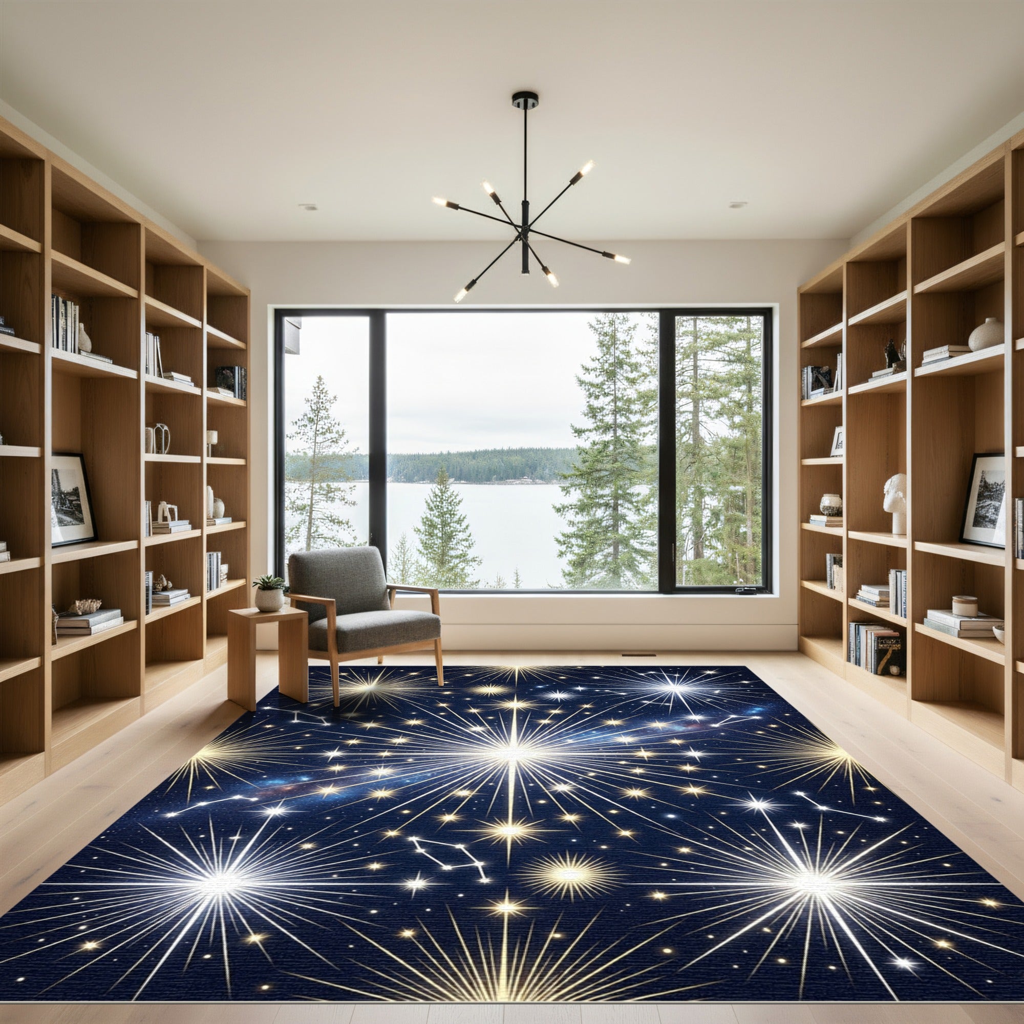 Cosmic Midnight Gold Starburst Constellation Rug