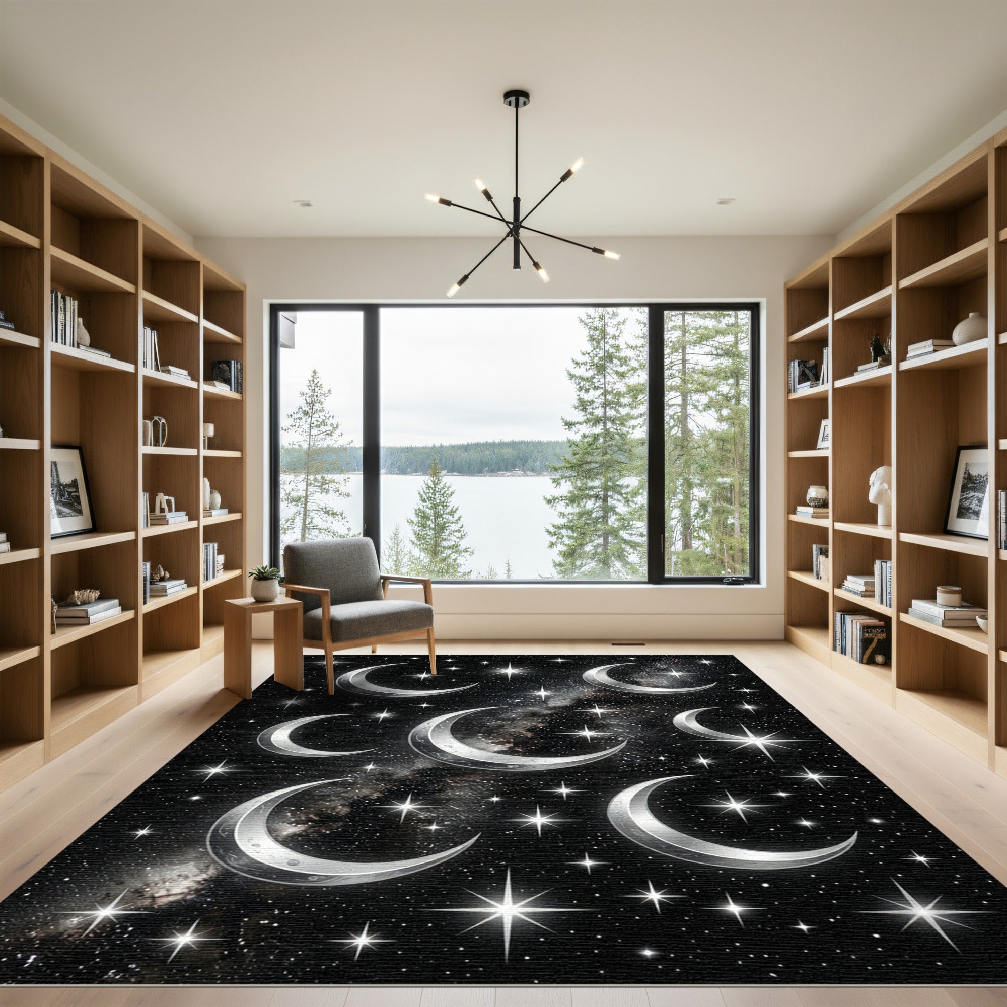 Celestial Silver Crescent Moon Galaxy Rug
