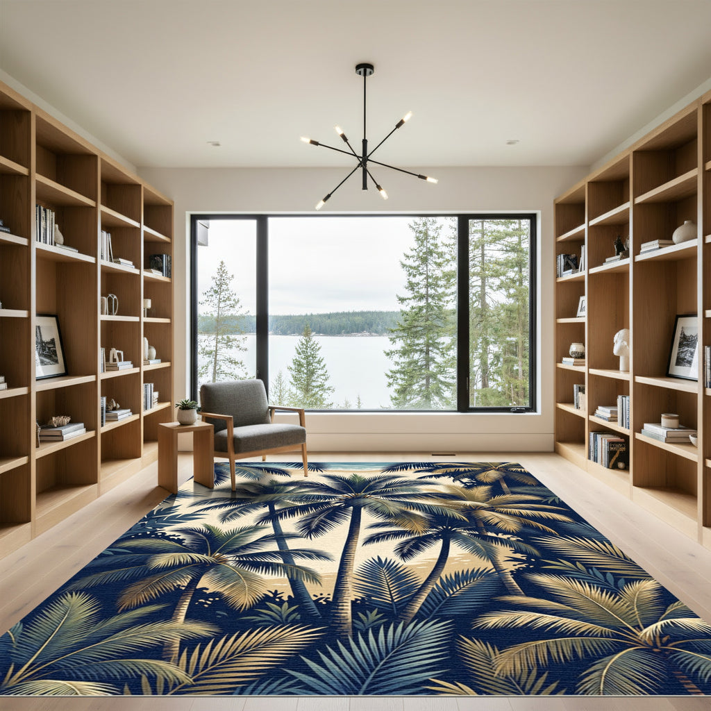 Lush Navy and Gold Tropical Palm Rug