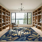 Lush Navy and Gold Tropical Palm Rug