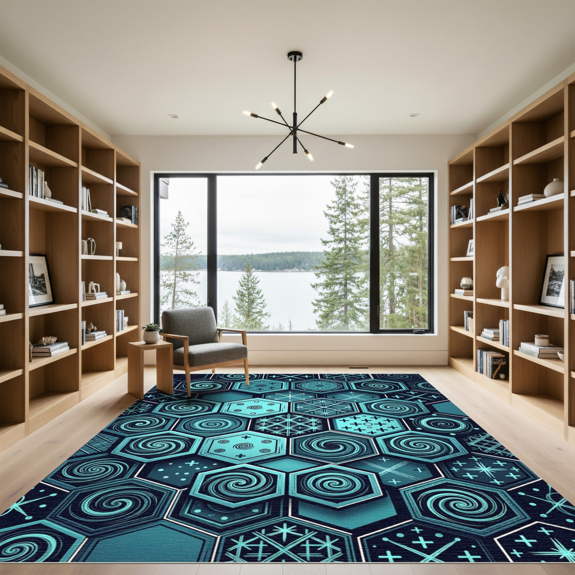 Teal Hexagonal Geometric Swirl Medallion Rug