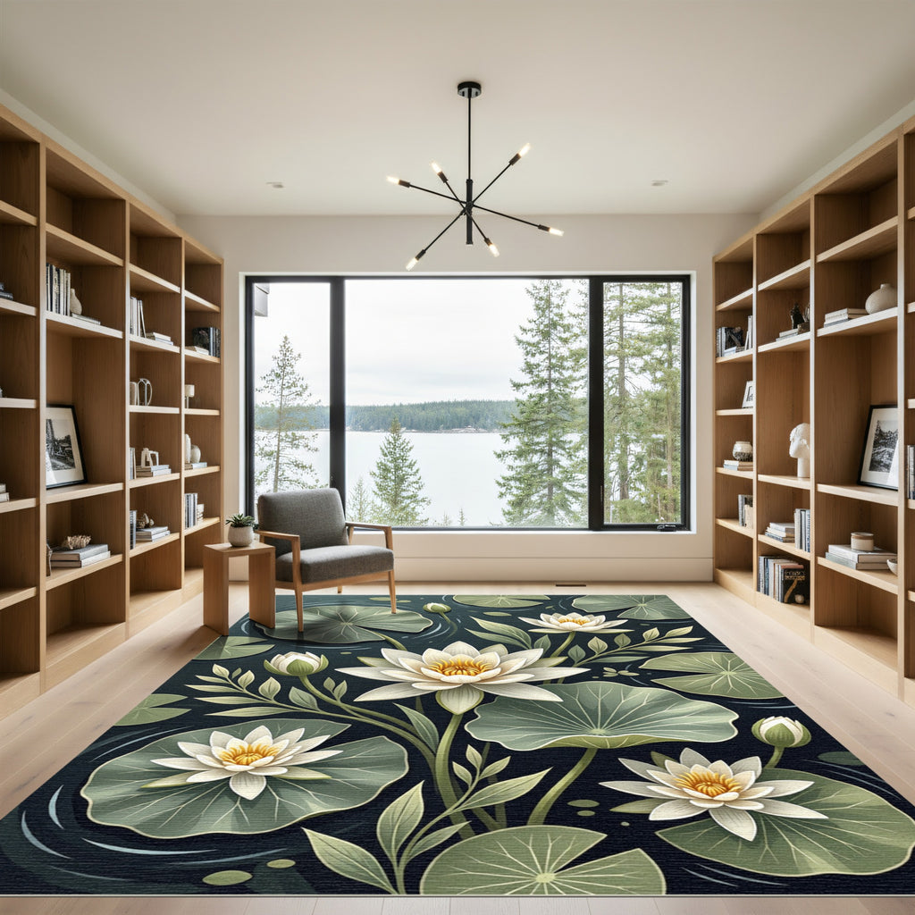 Serene White Lotus Botanical Pond Rug