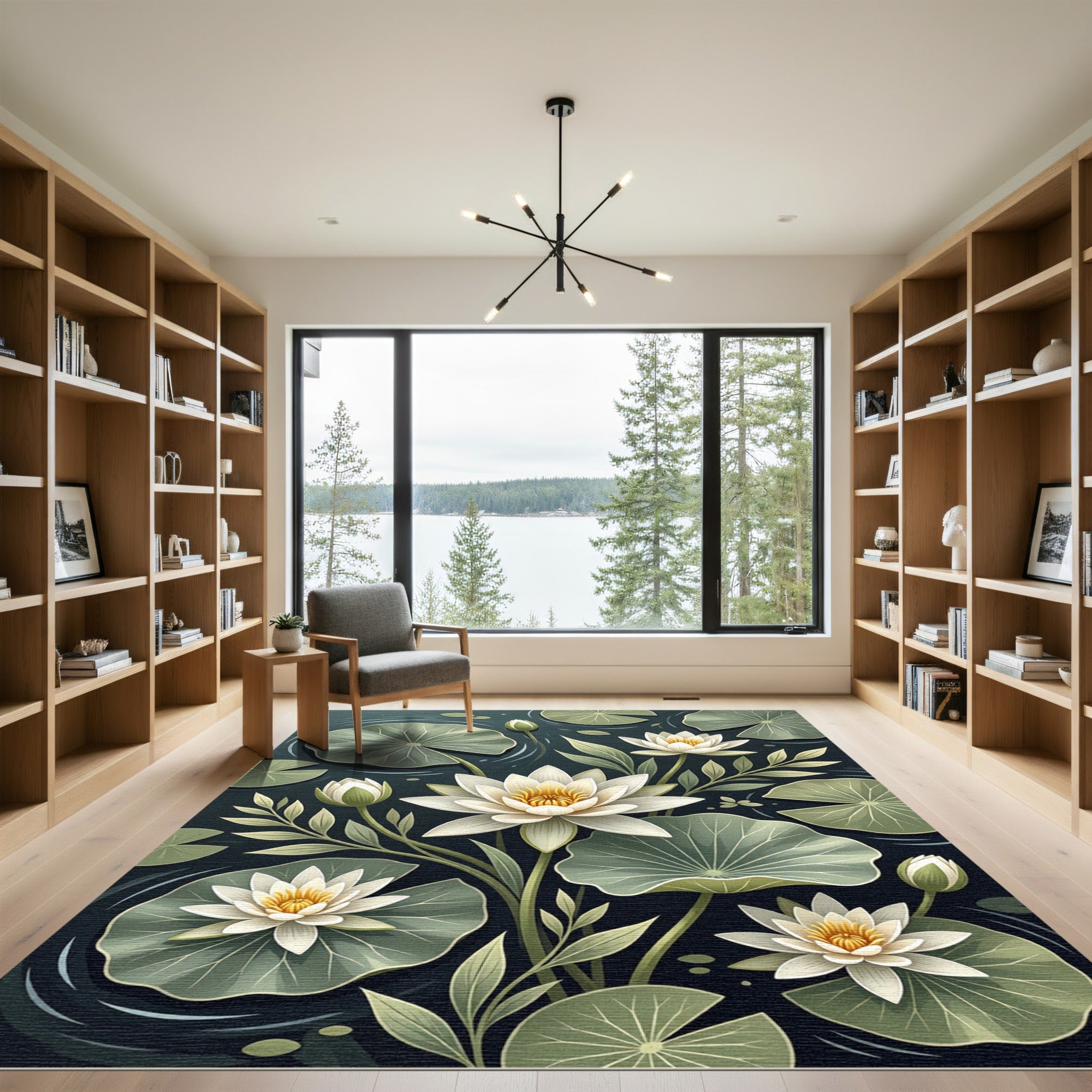 Serene White Lotus Botanical Pond Rug