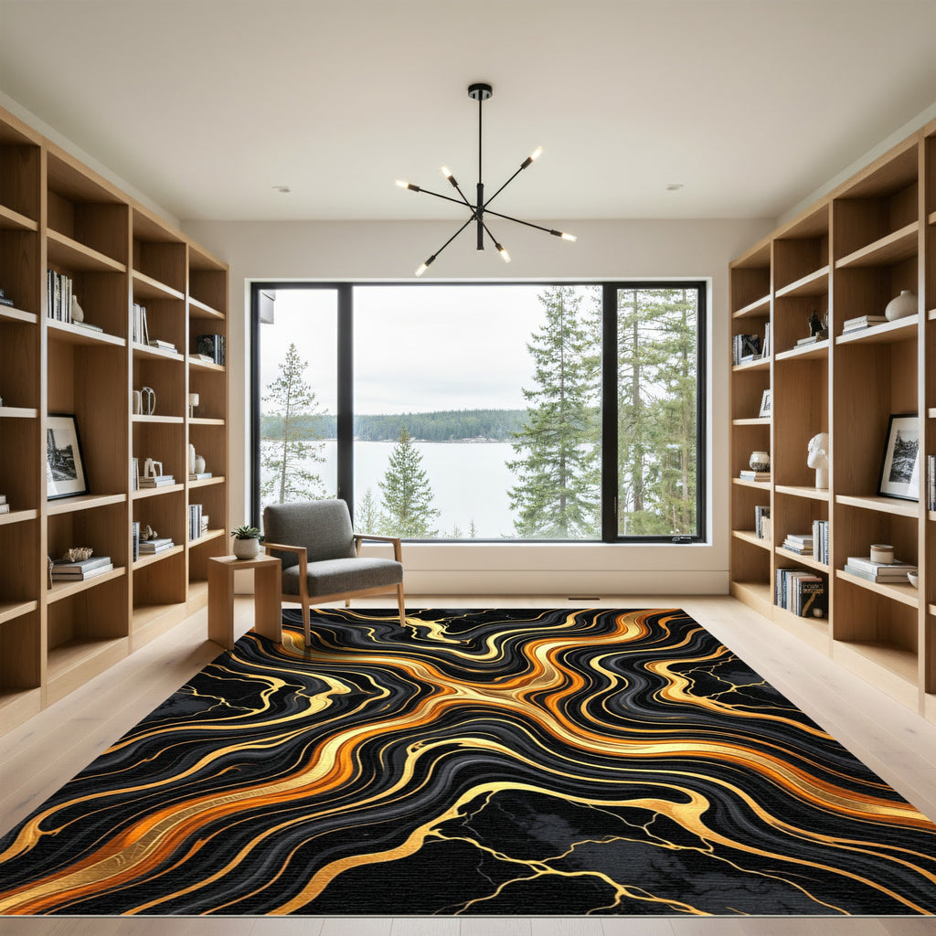 Black Gold Swirl Marble Abstract Rug