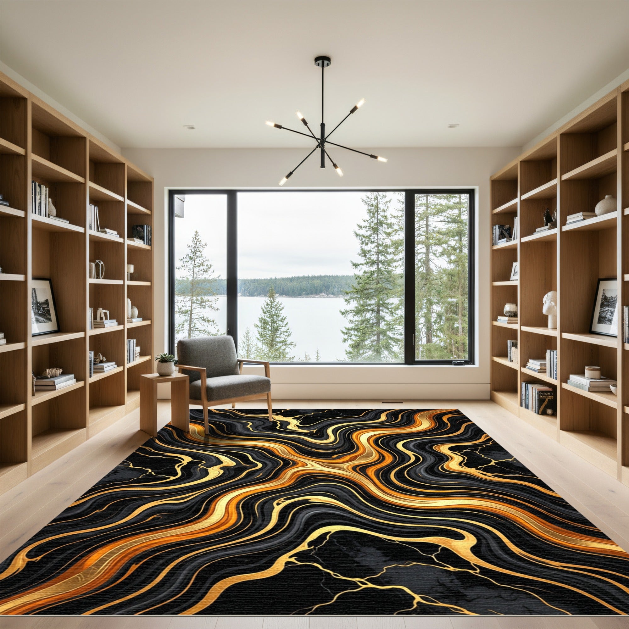 Black Gold Swirl Marble Abstract Rug
