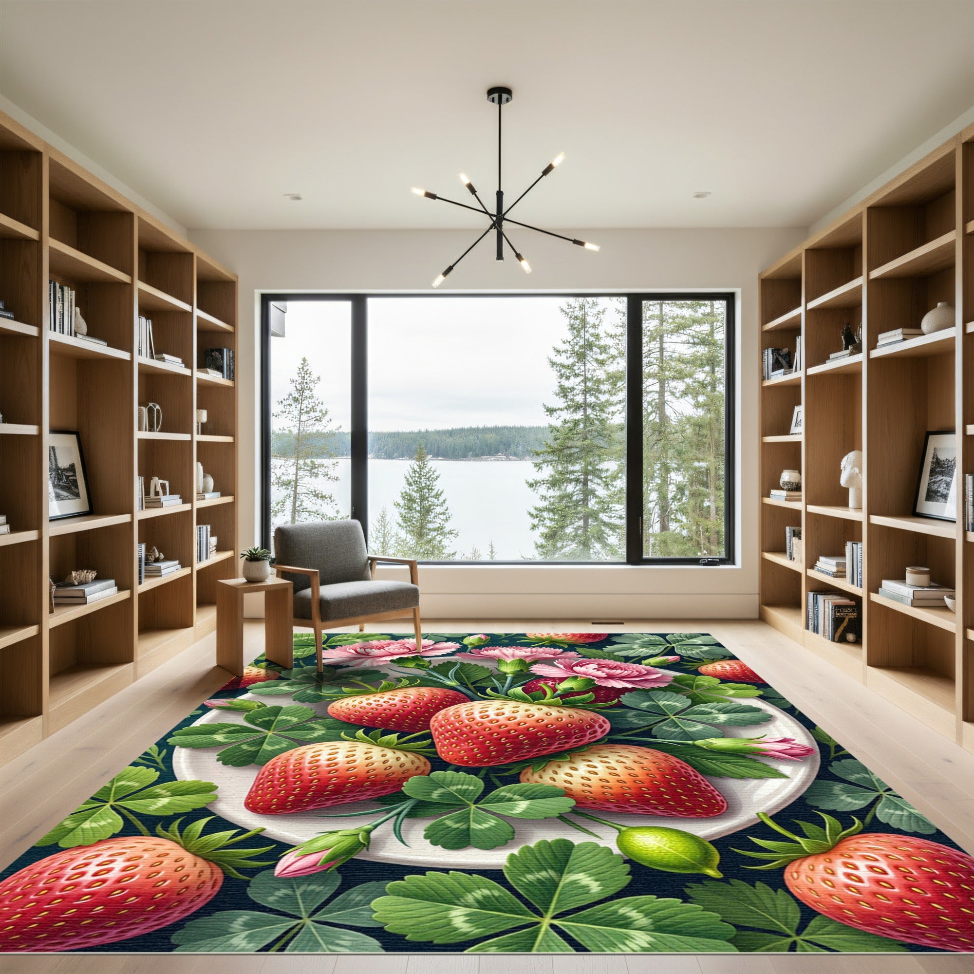 Blossoming Pink Carnation Strawberry Botanical Arrangement Rug