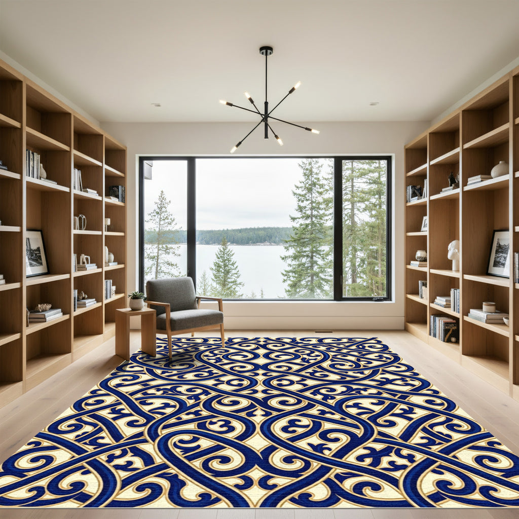 Intricate Royal Blue Ornate Scrolling Swirls Rug