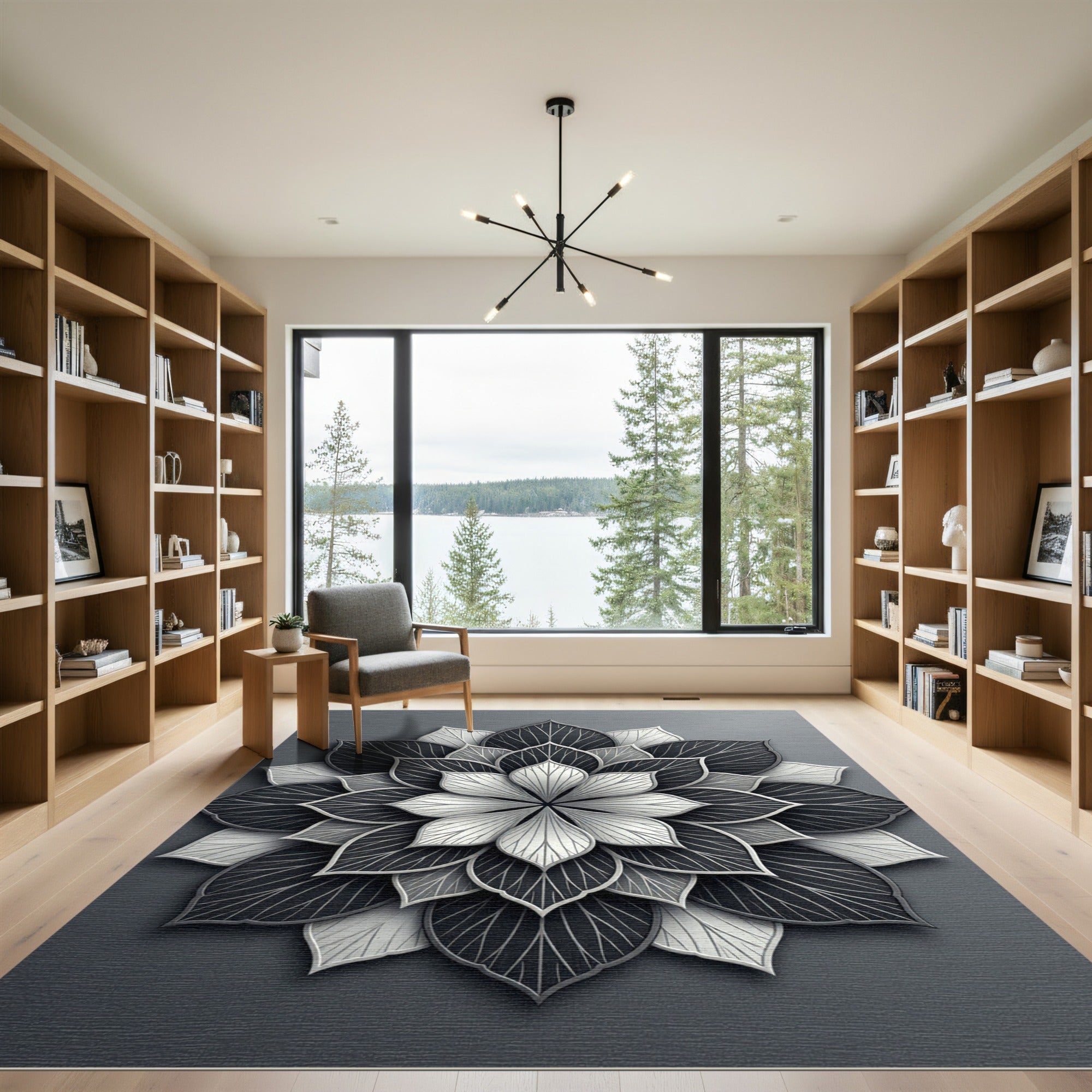 Monochromatic Gray Layered Petal Mandala Rug