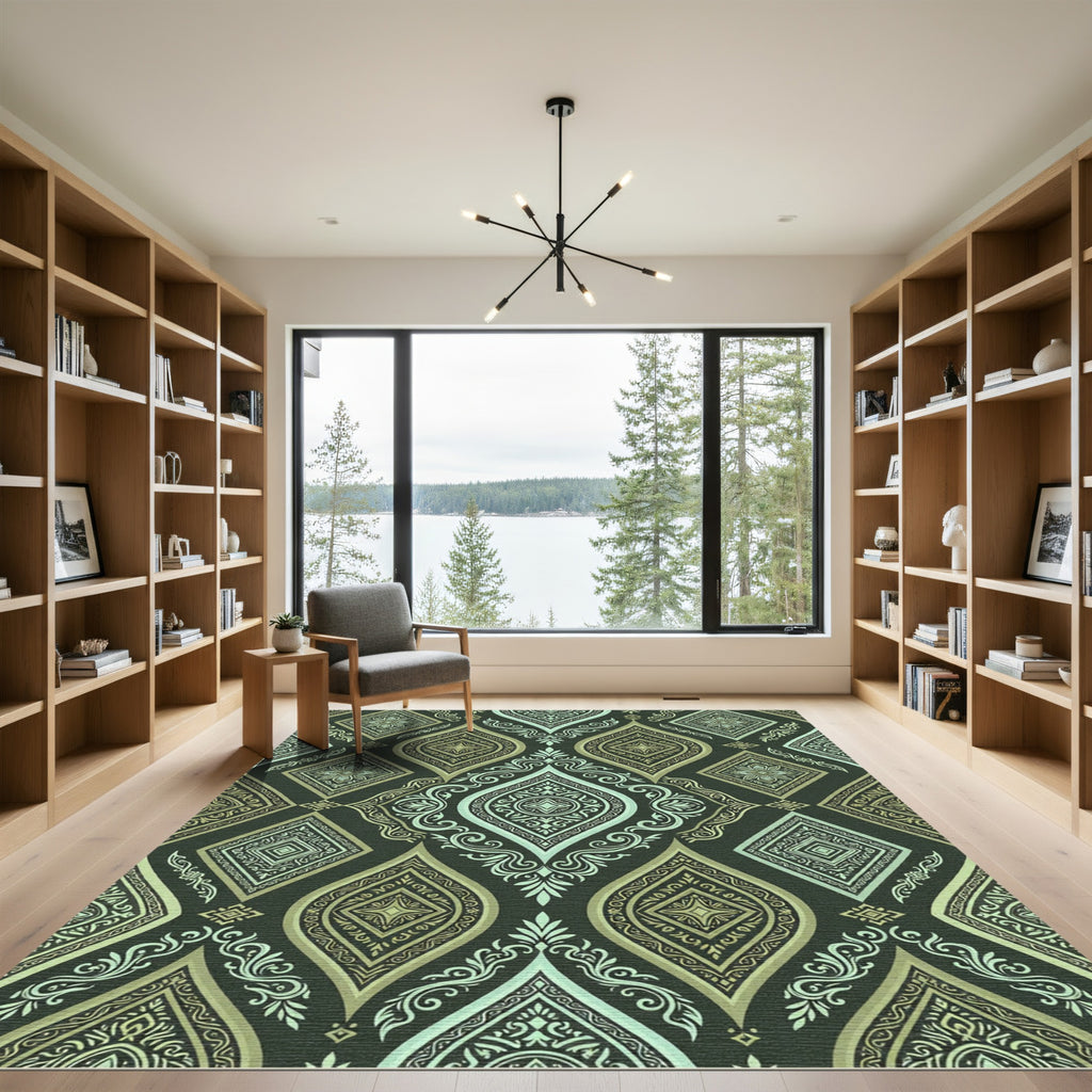 Sage and Olive Ornate Diamond Scroll Rug