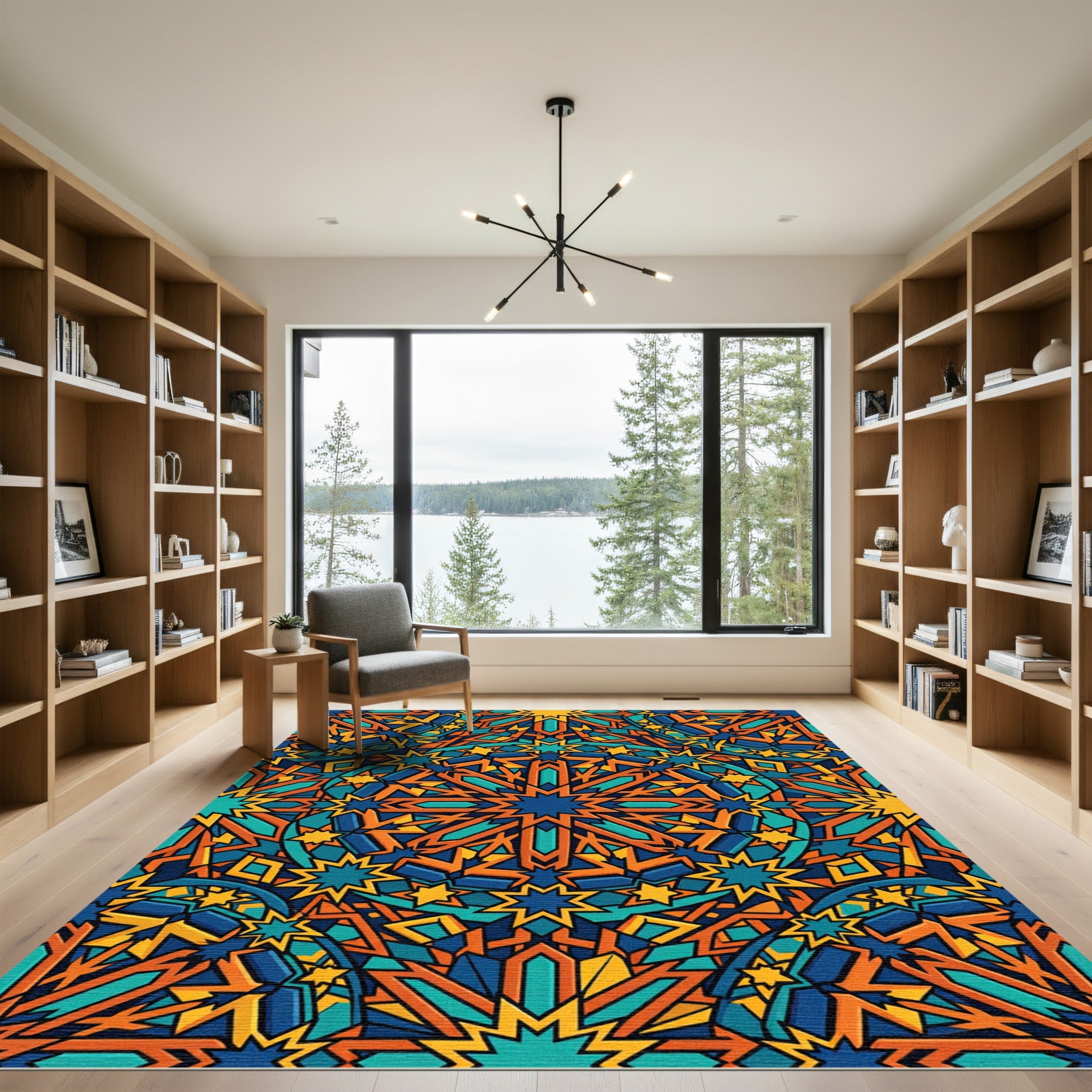 Vibrant Geometric Amber Teal Star Medallion Rug