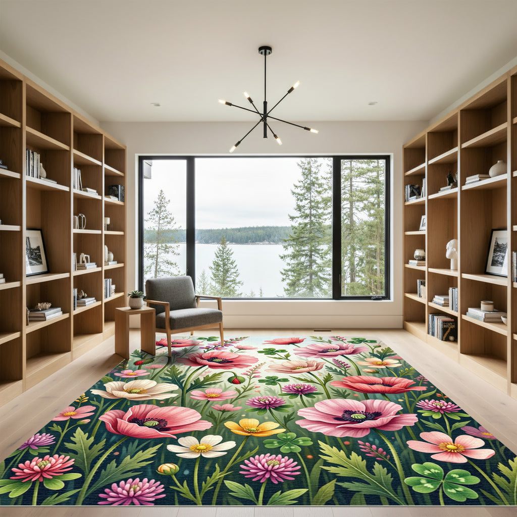 Vibrant Pink Poppies and Clover Meadow Rug