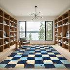 Vintage Blue Grungy Checkered Squares Rug