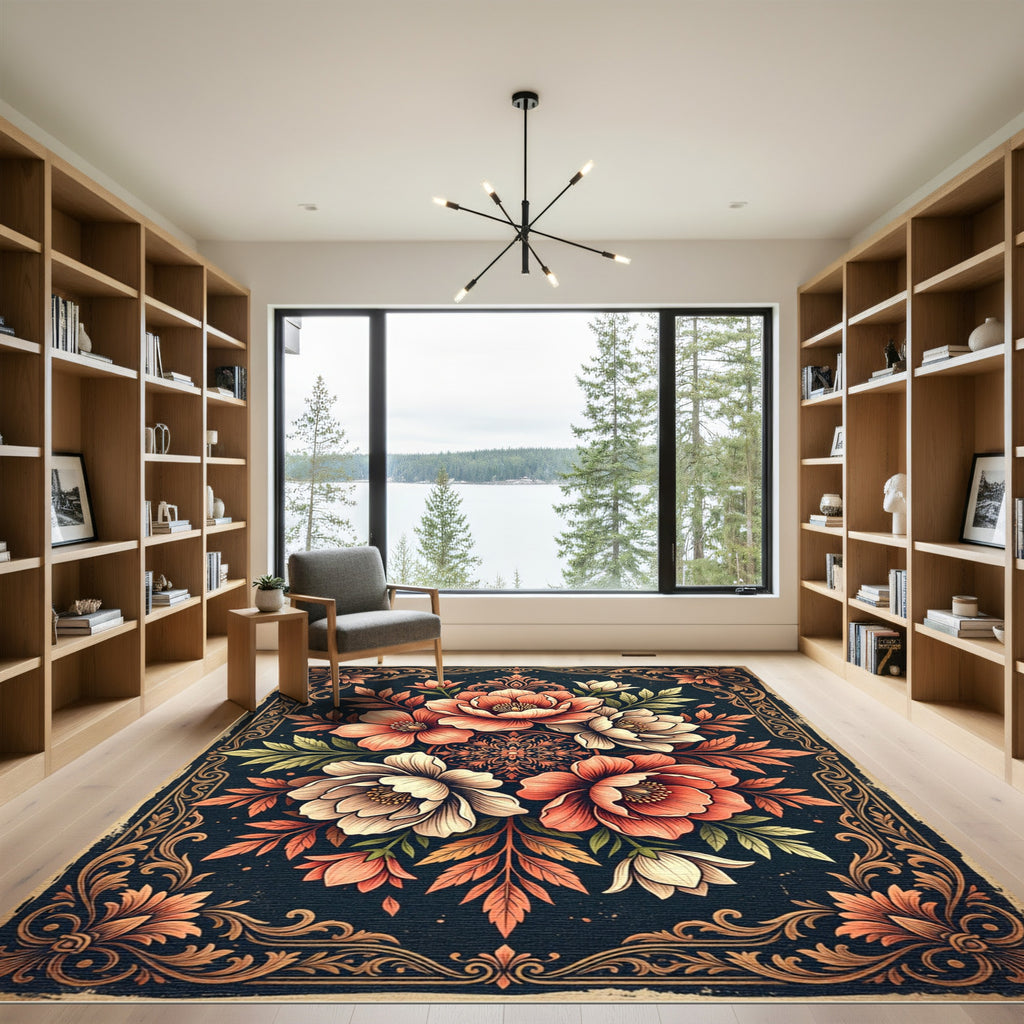 Elegant Coral Floral Medallion Bouquet Rug