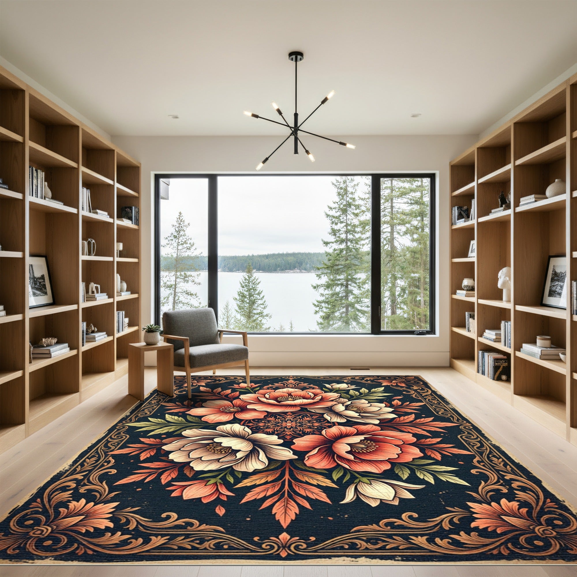 Elegant Coral Floral Medallion Bouquet Rug