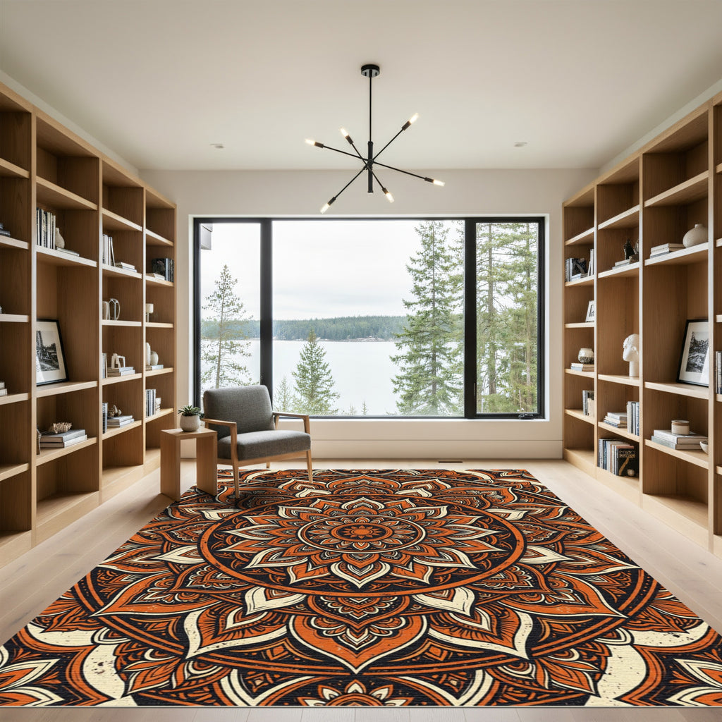 Earthy Rust Floral Mandala Circle Rug
