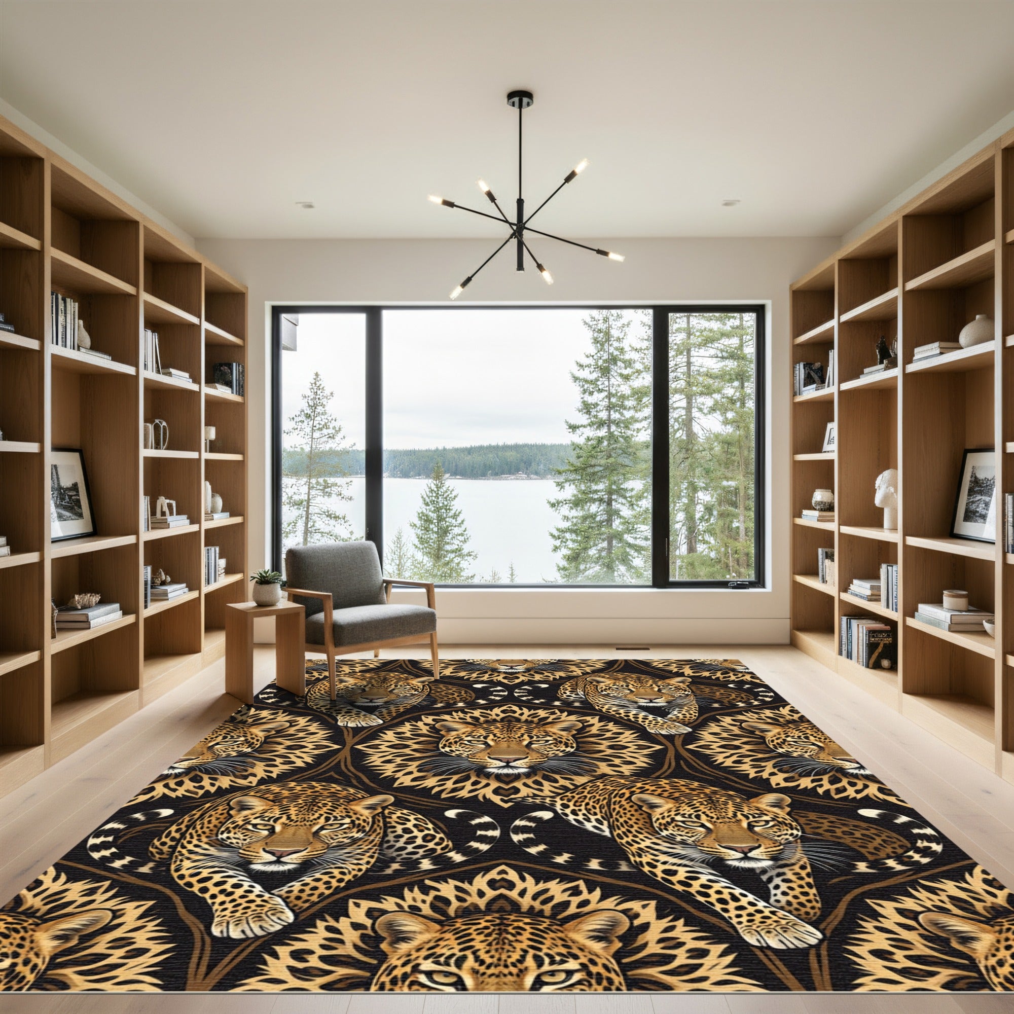 Majestic Golden Leopard Head Black Tapestry Rug