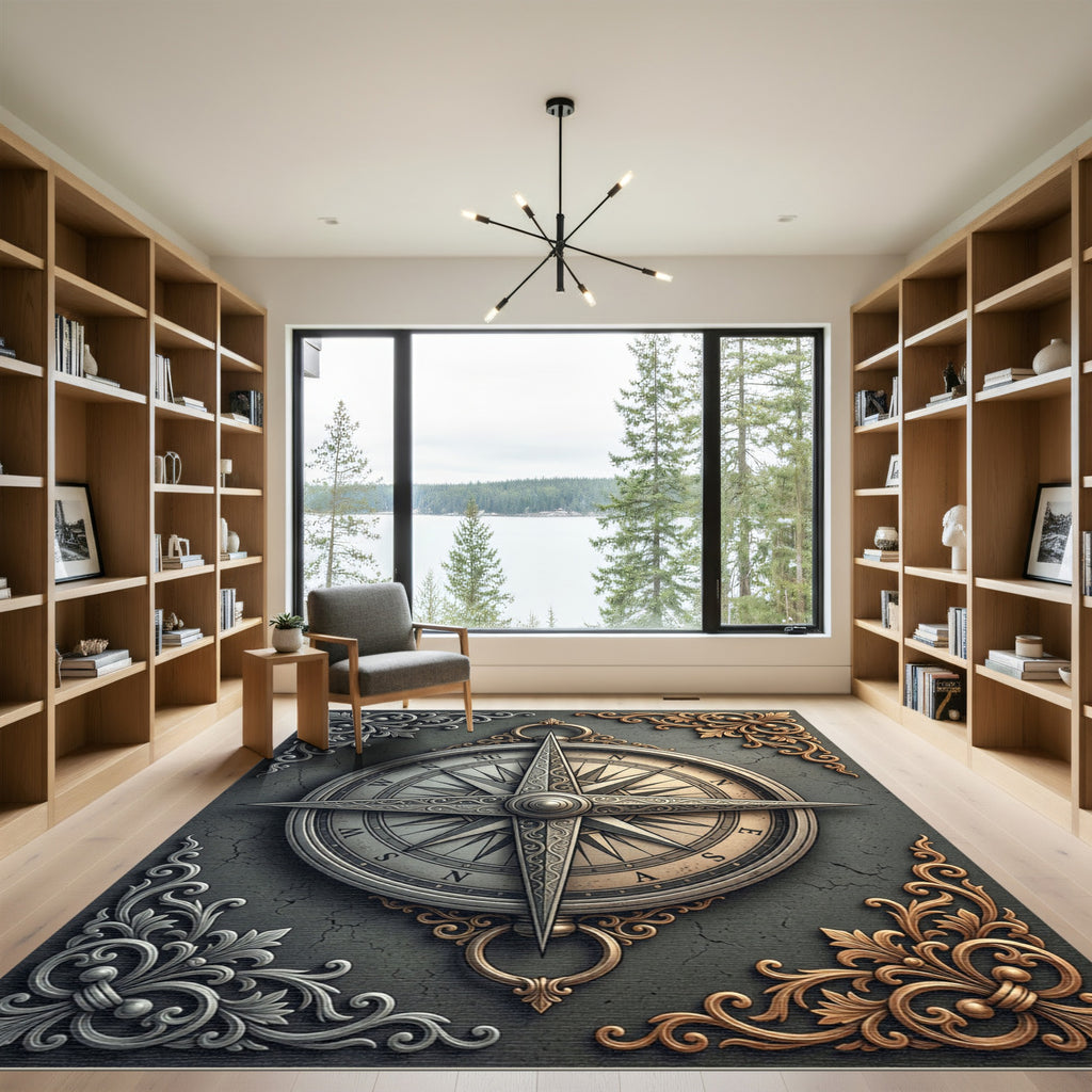 Ornate Metallic Compass Filigree Engraving Rug