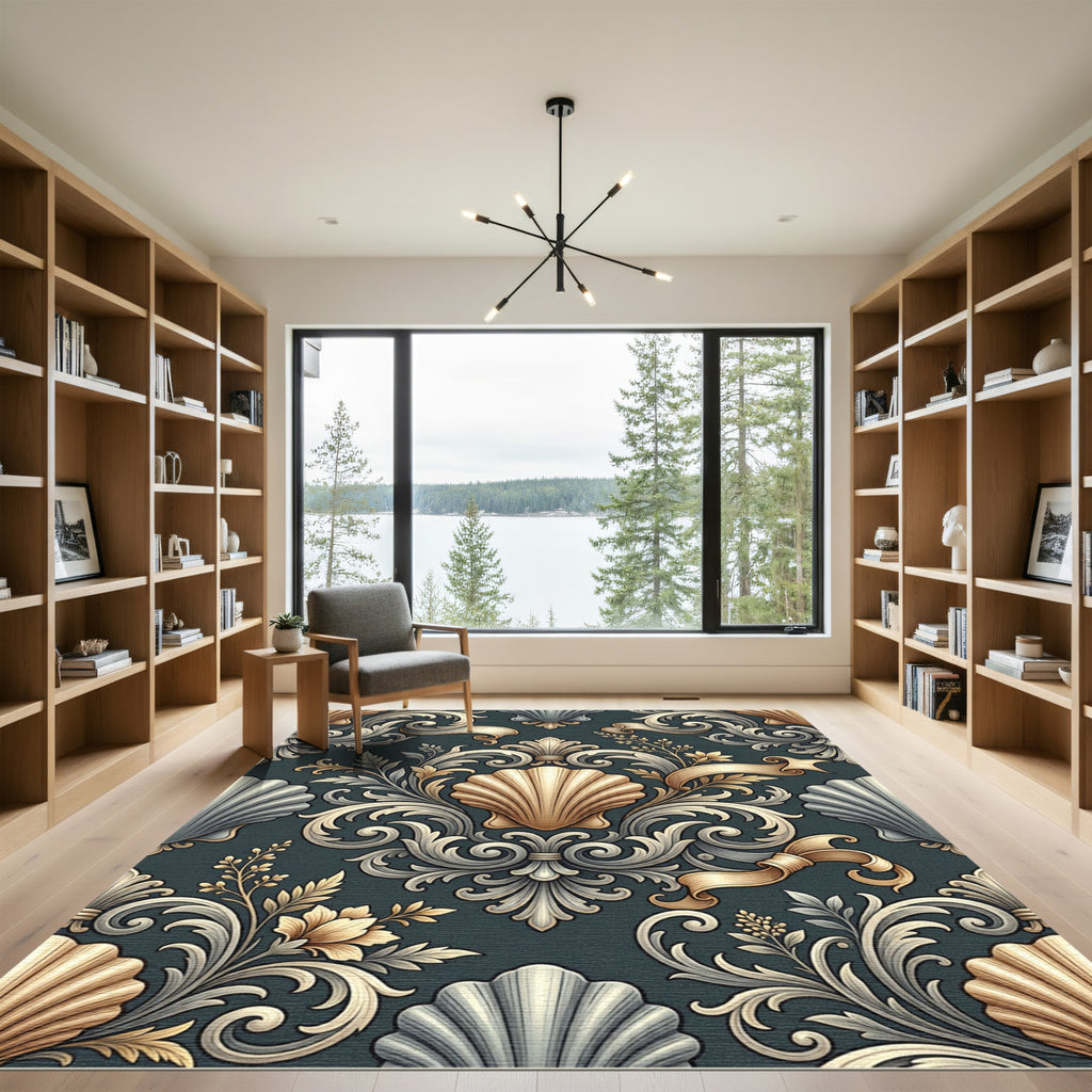 Elegant Golden Shell Baroque Damask Rug