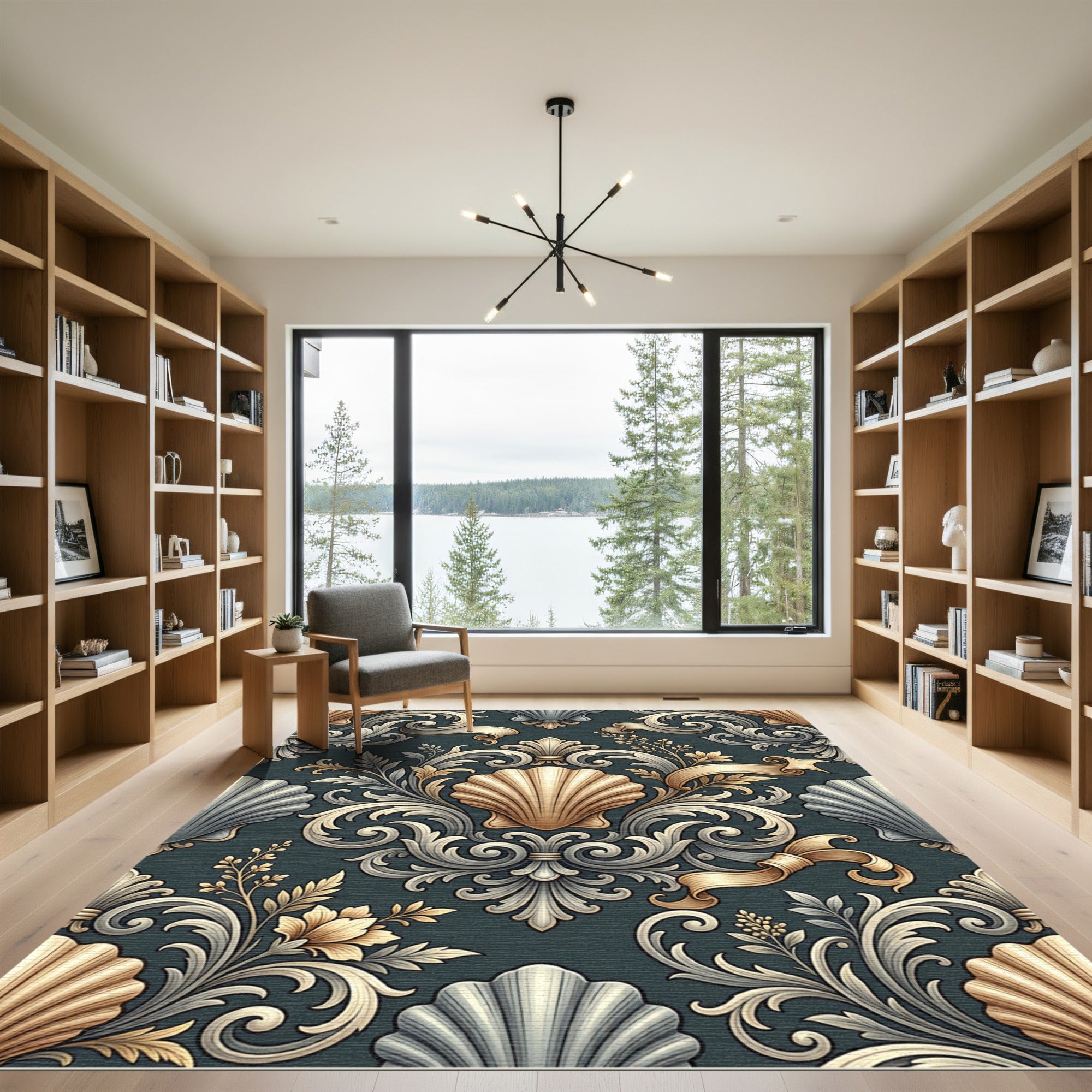 Elegant Golden Shell Baroque Damask Rug