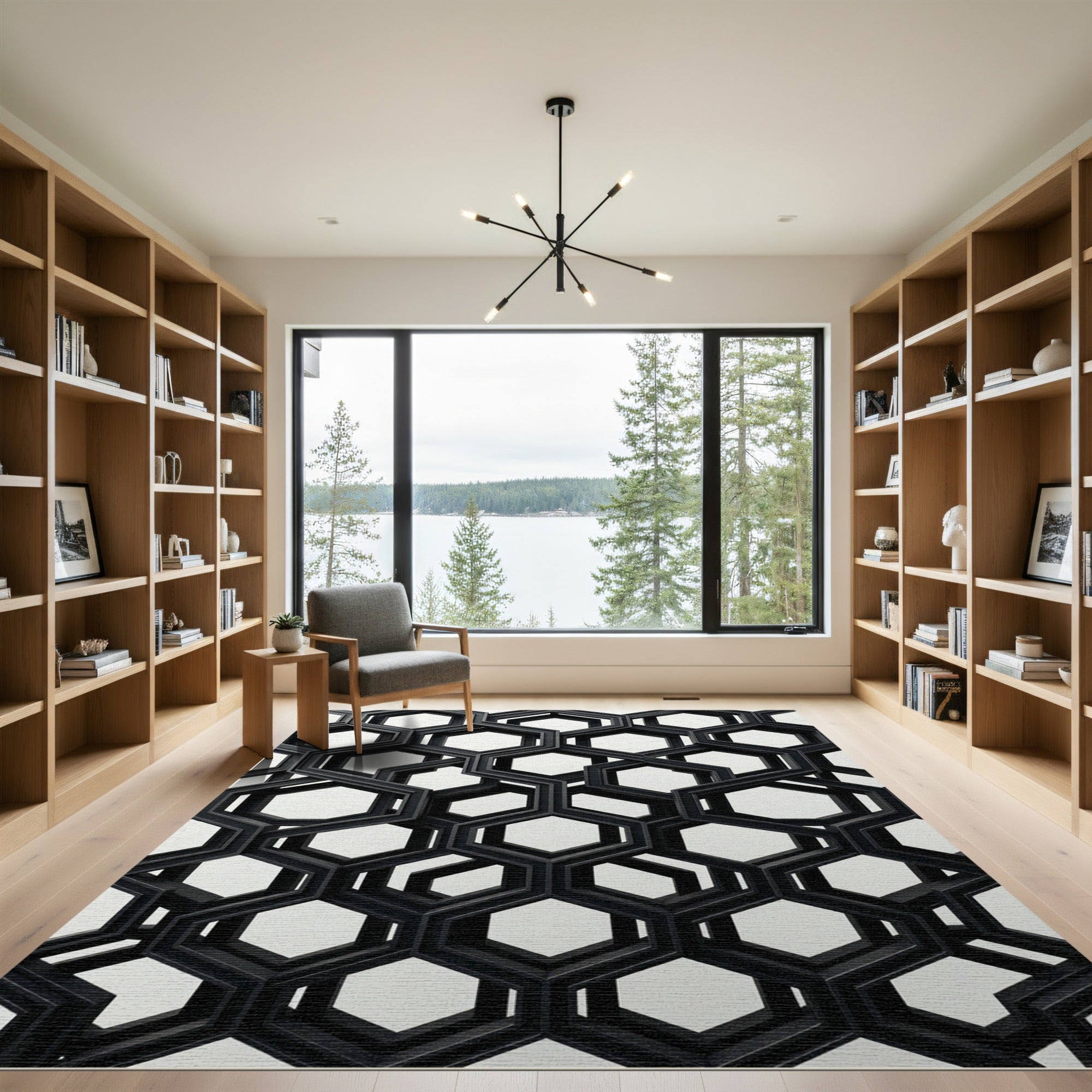 Black Geometric Hexagon Interlocking Forms Rug