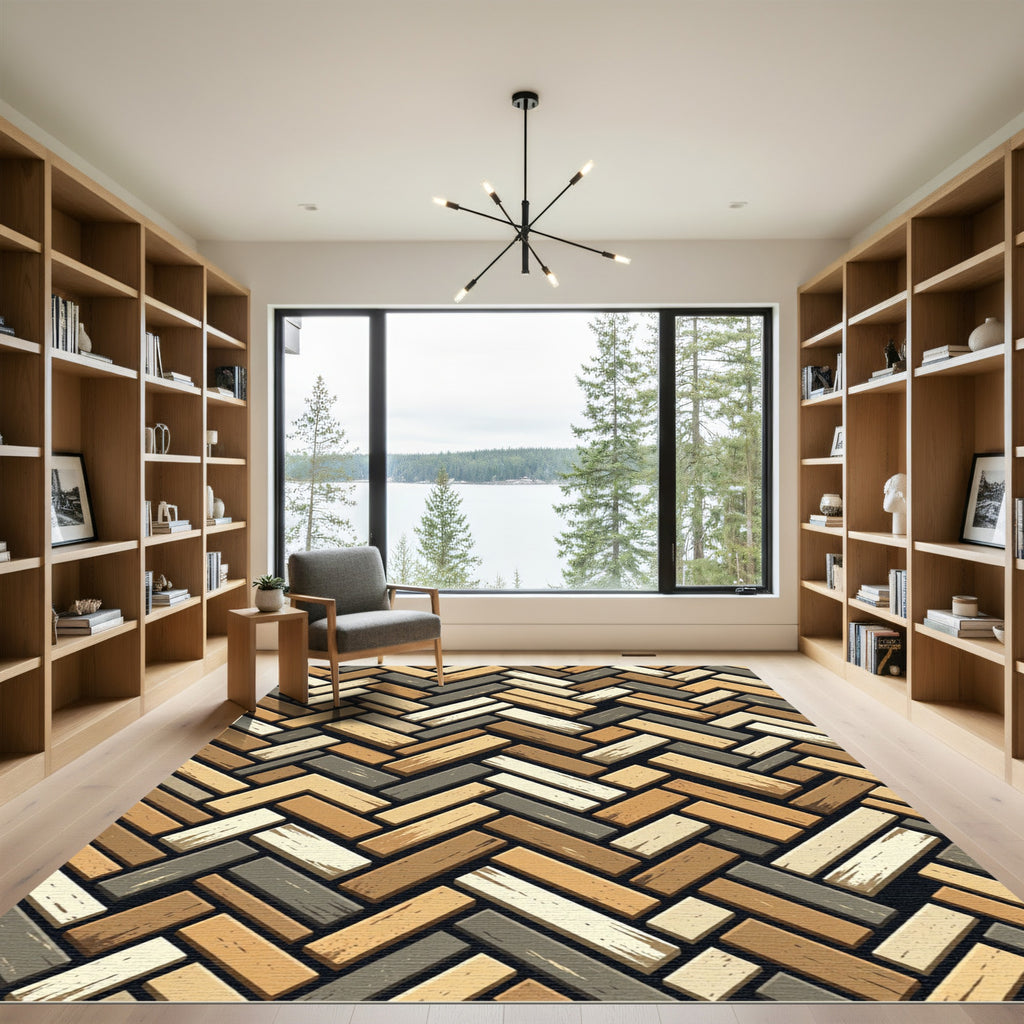 Neutral Herringbone Wood Block Textured Rug