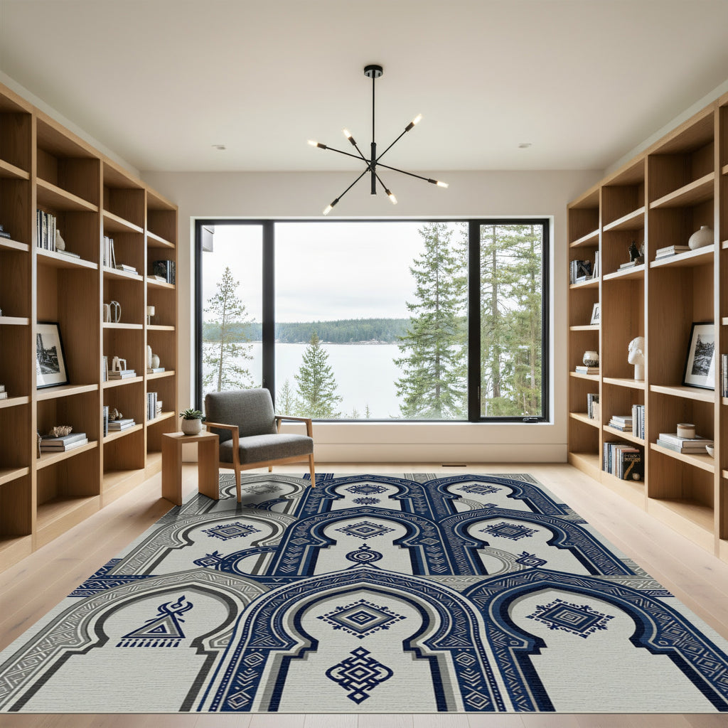 Navy Blue Arch Geometric Medallion Rug