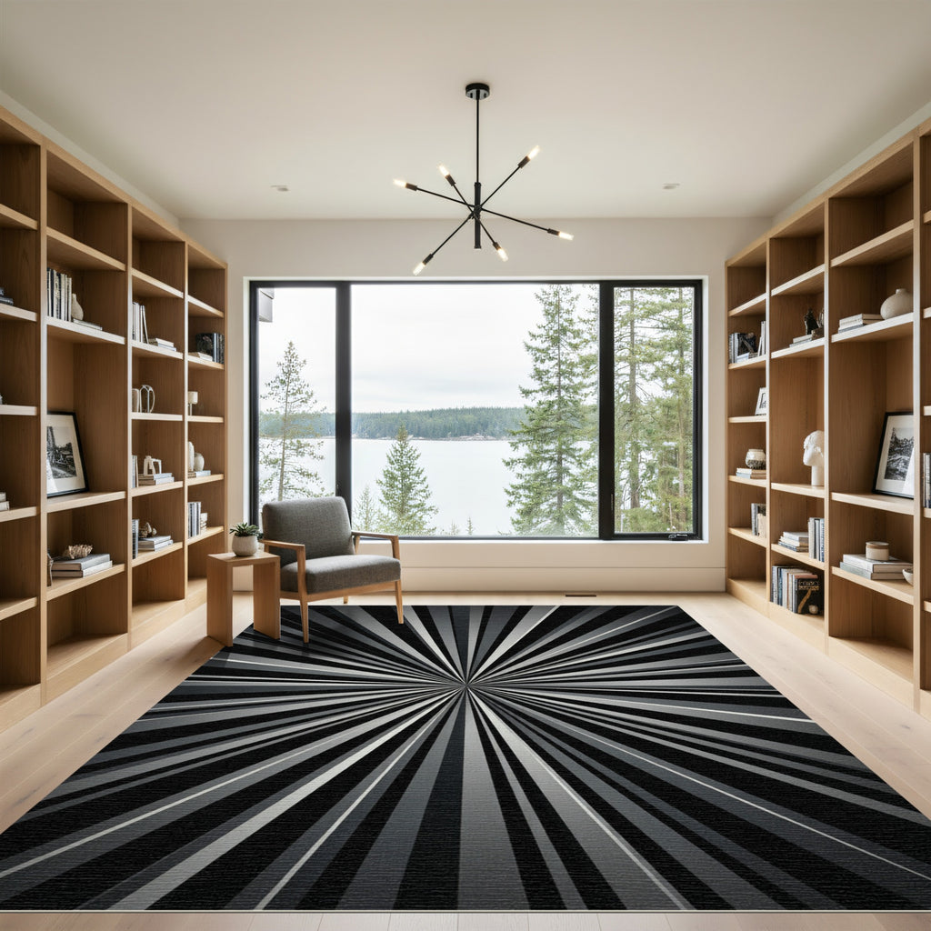 Modern Black White Sunburst Rays Rug