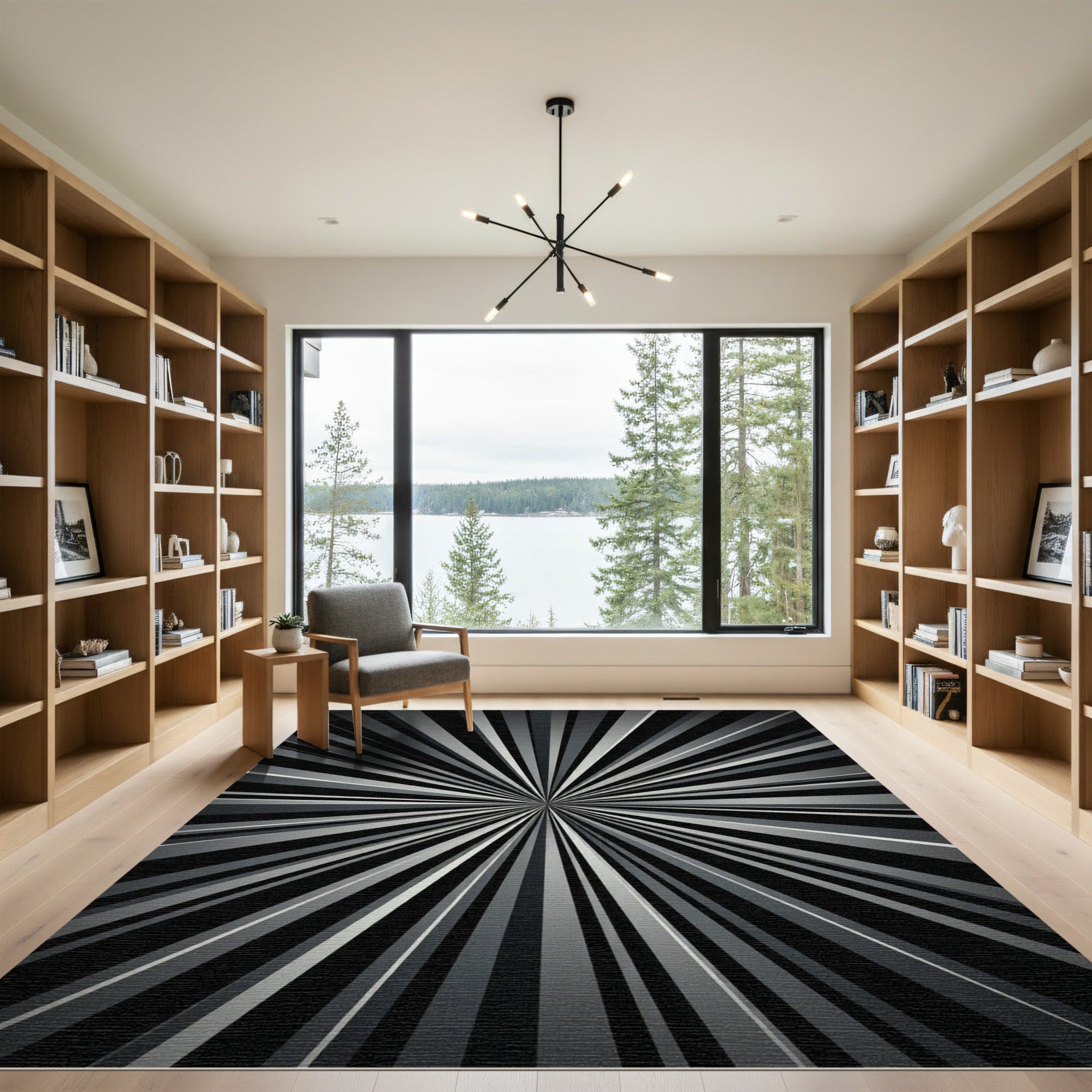 Modern Black White Sunburst Rays Rug