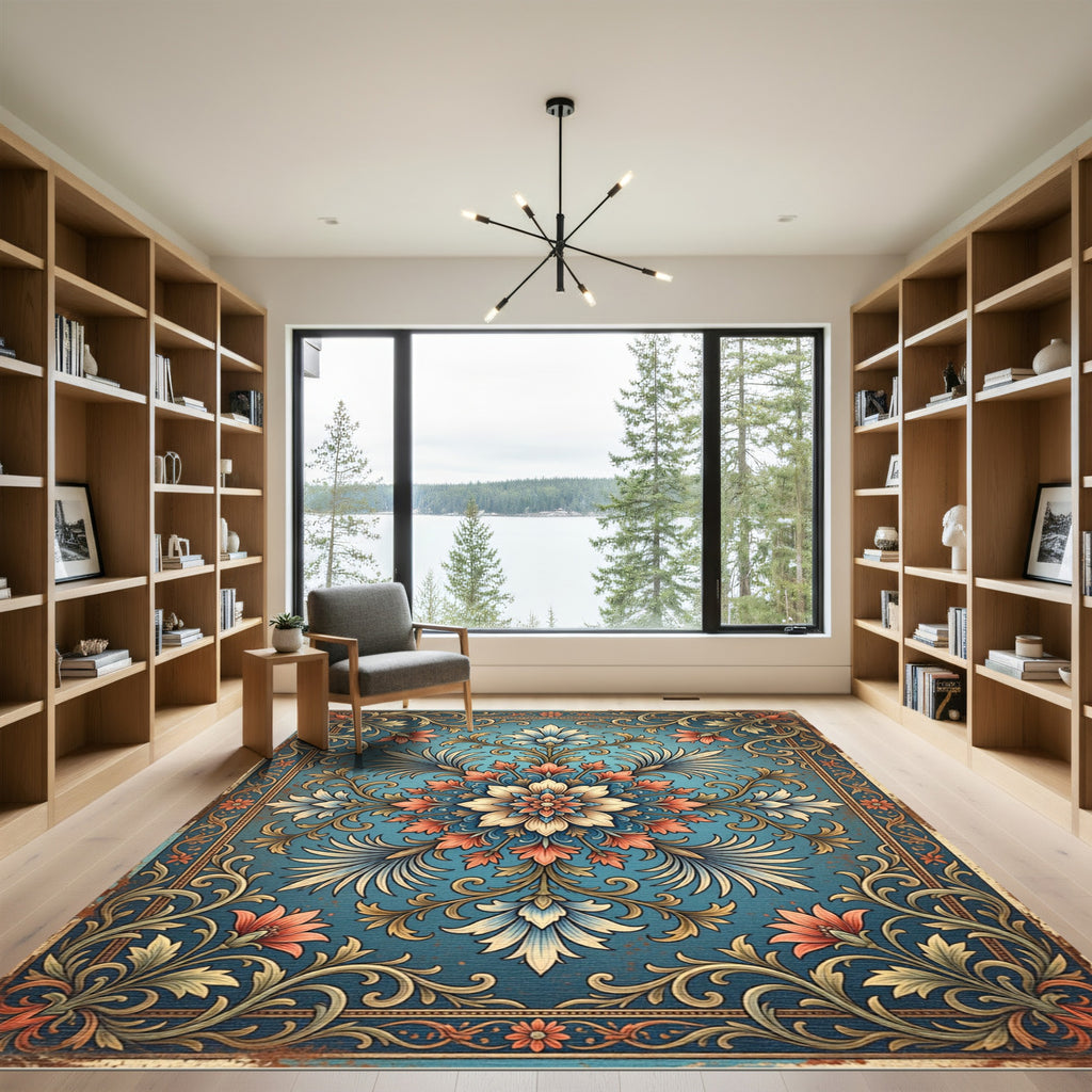 Elegant Blue Coral Floral Medallion Rug