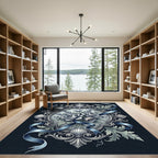 Elegant Slate Blue Floral Crest Rug