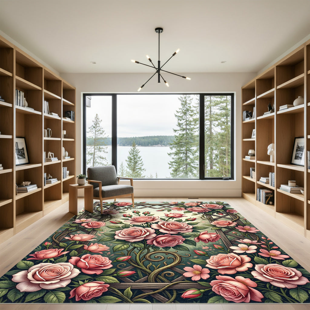 Romantic Pink Rose Trellis Floral Rug