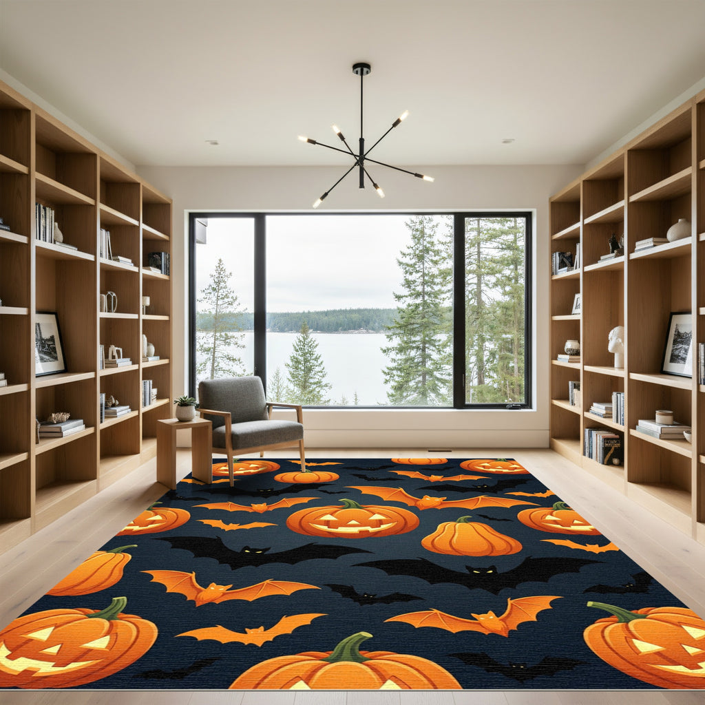Spooky Orange Jack o Lantern Bat Harvest Rug