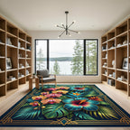 Lush Teal Botanical Tropical Orchid Hibiscus Rug