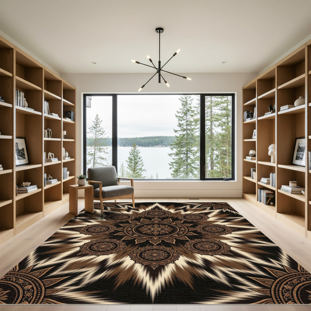 Earthy Brown Radiant Mandala Sunburst Rug