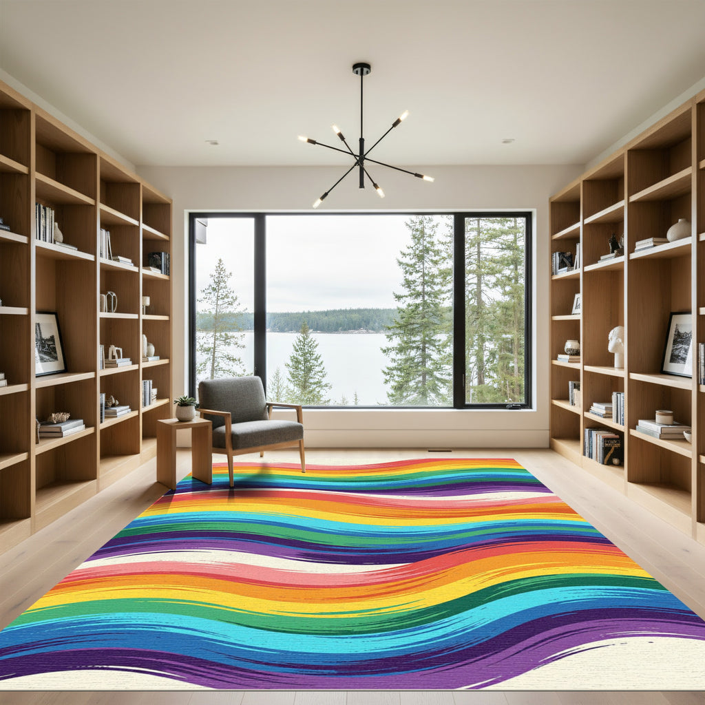 Vibrant Rainbow Wavy Brush Stroke Rug