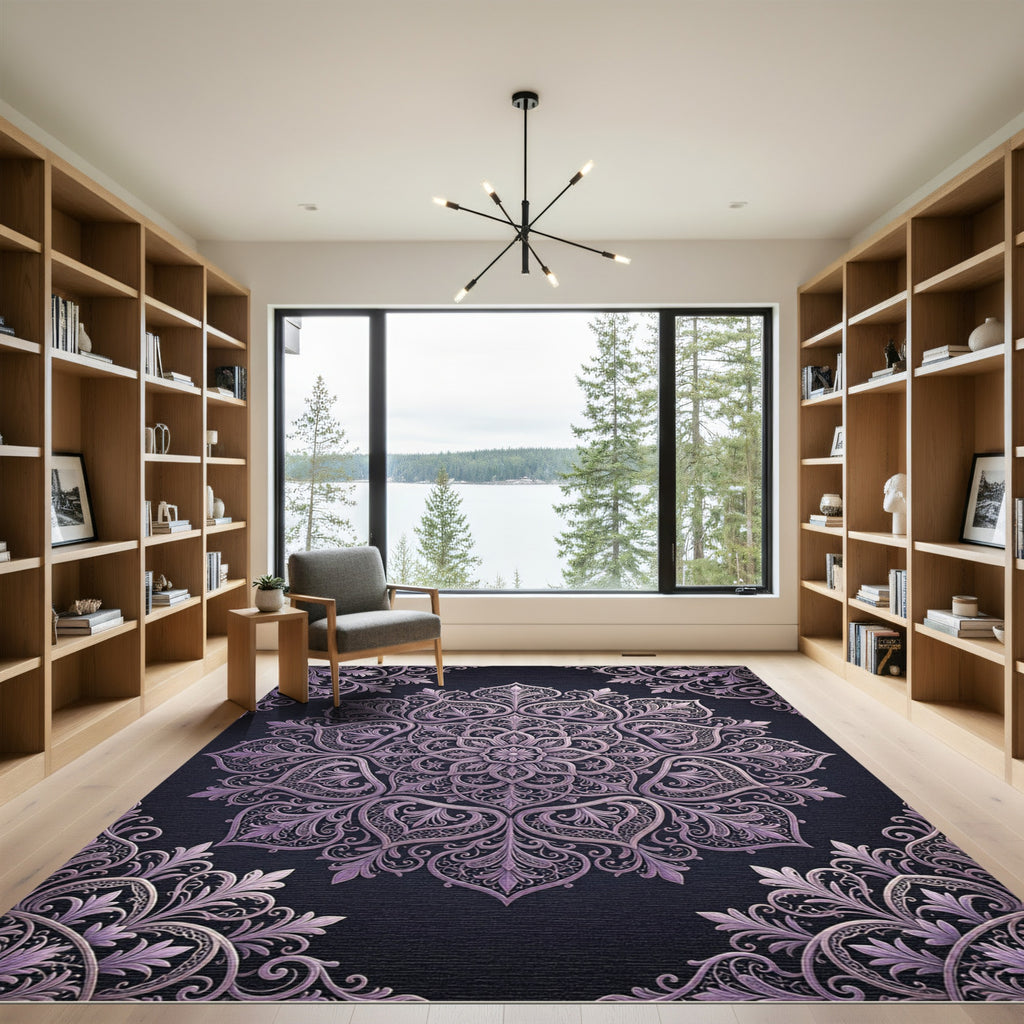 Ornate Lavender Damask Floral Medallion Rug