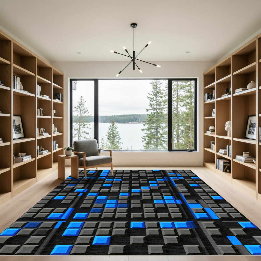 Modern Electric Blue Geometric Grid Rug