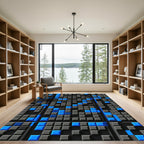 Modern Electric Blue Geometric Grid Rug