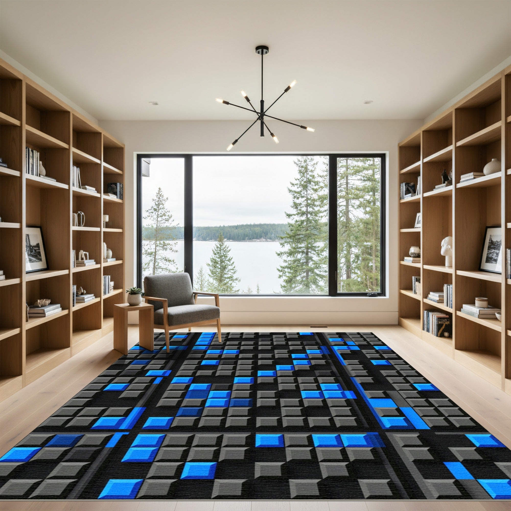 Modern Electric Blue Geometric Grid Rug