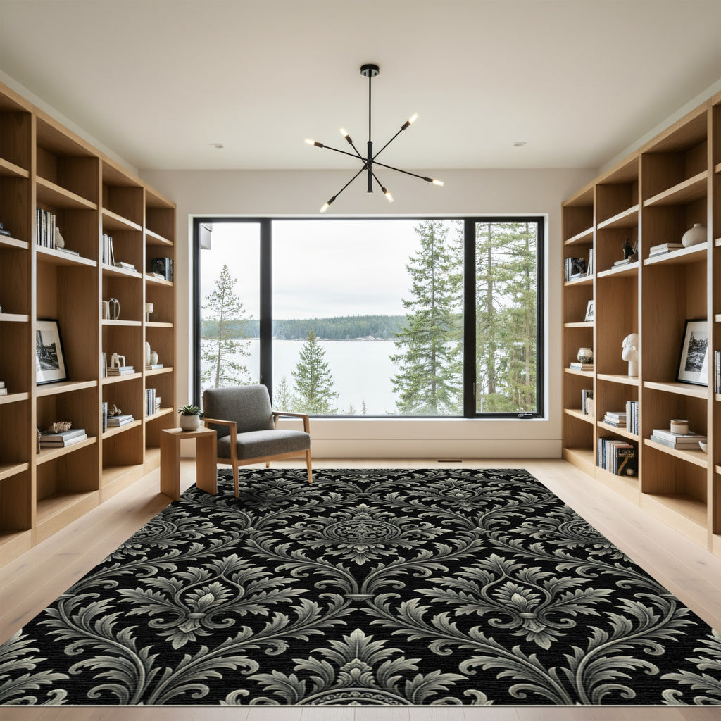 Elegant Silver Damask Scroll Black Rug