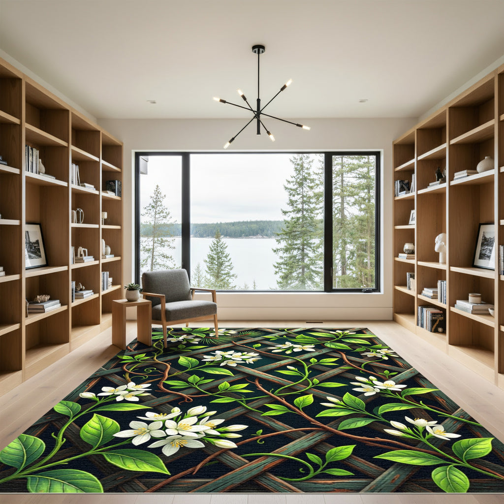 White Jasmine Vine Lattice Trellis Rug