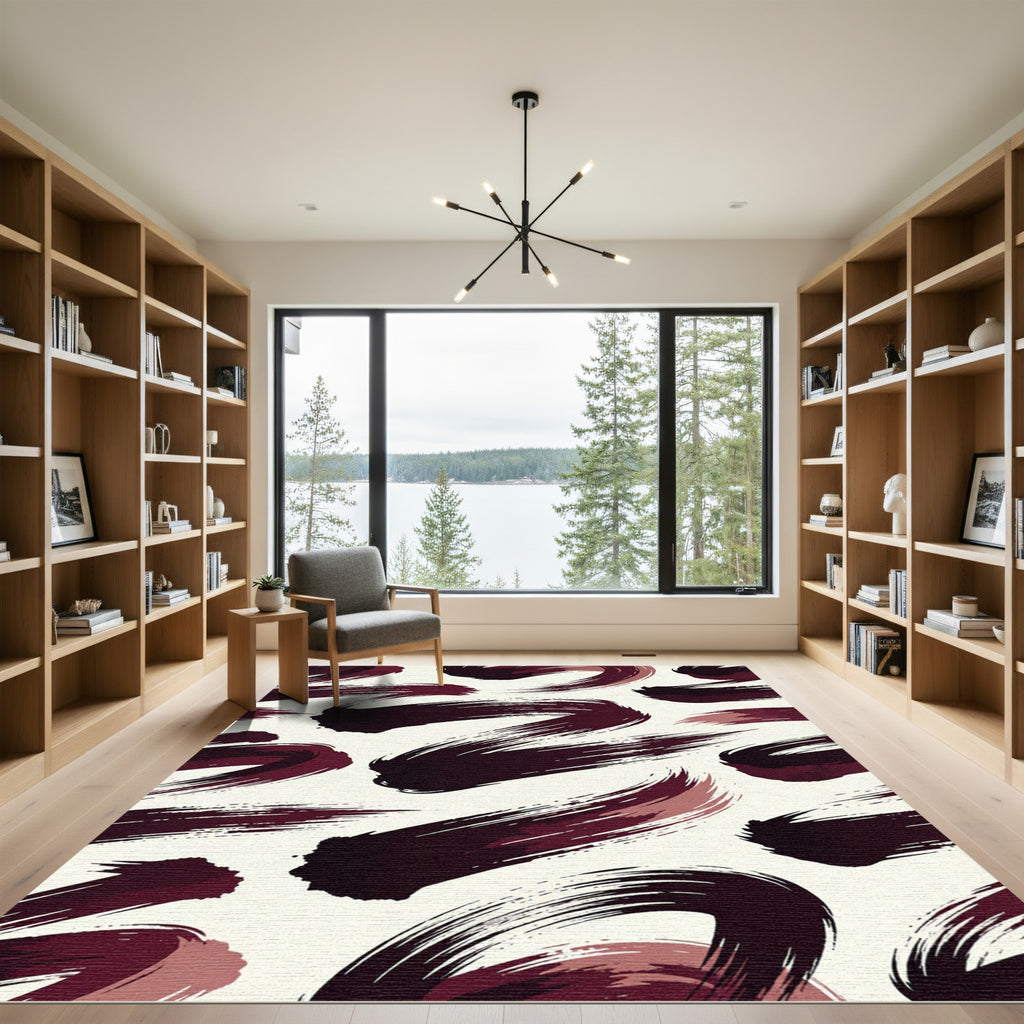 Modern Abstract Burgundy Brush Stroke Rug