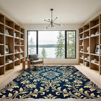 Royal Blue Gold Damask Ornate Scroll Rug