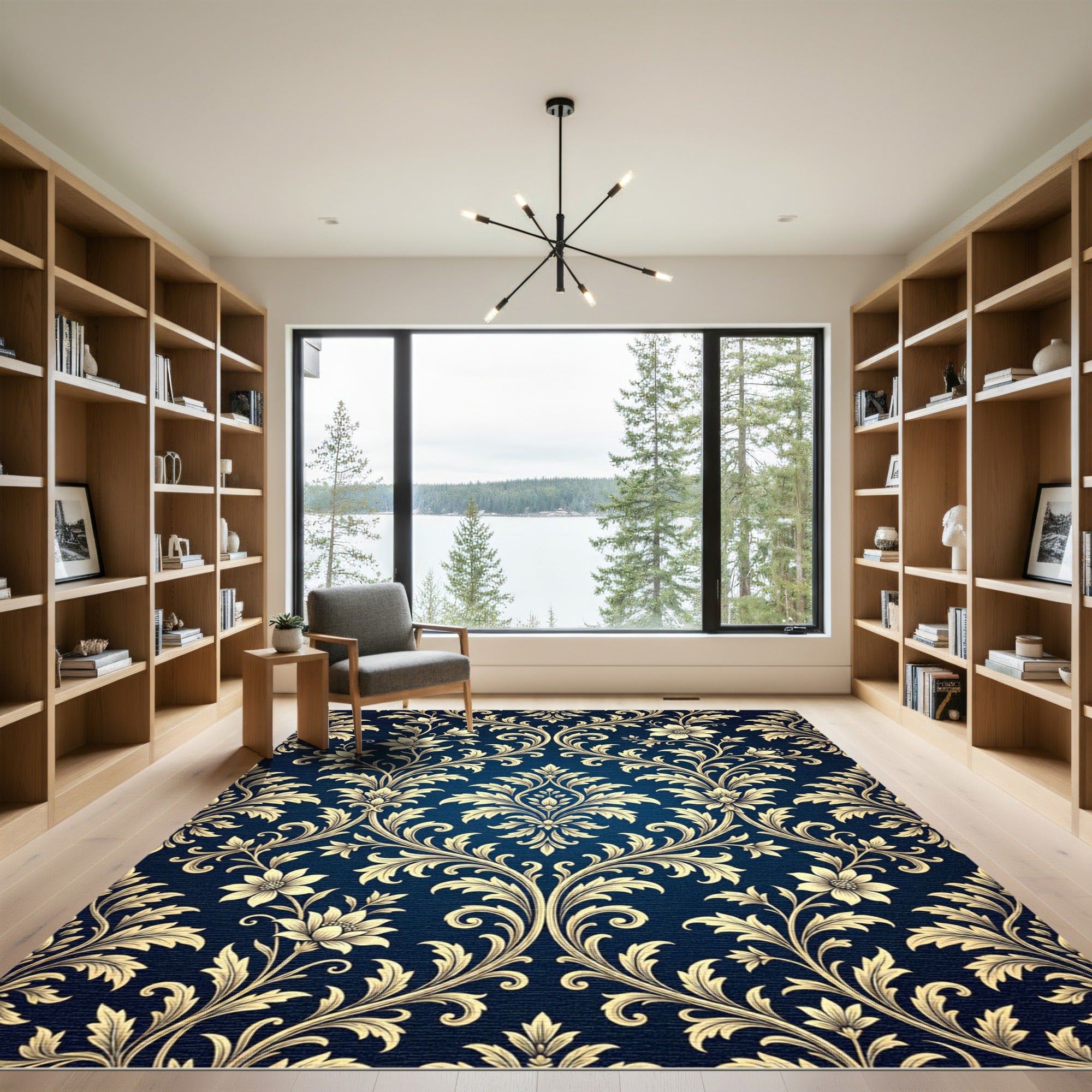 Royal Blue Gold Damask Ornate Scroll Rug
