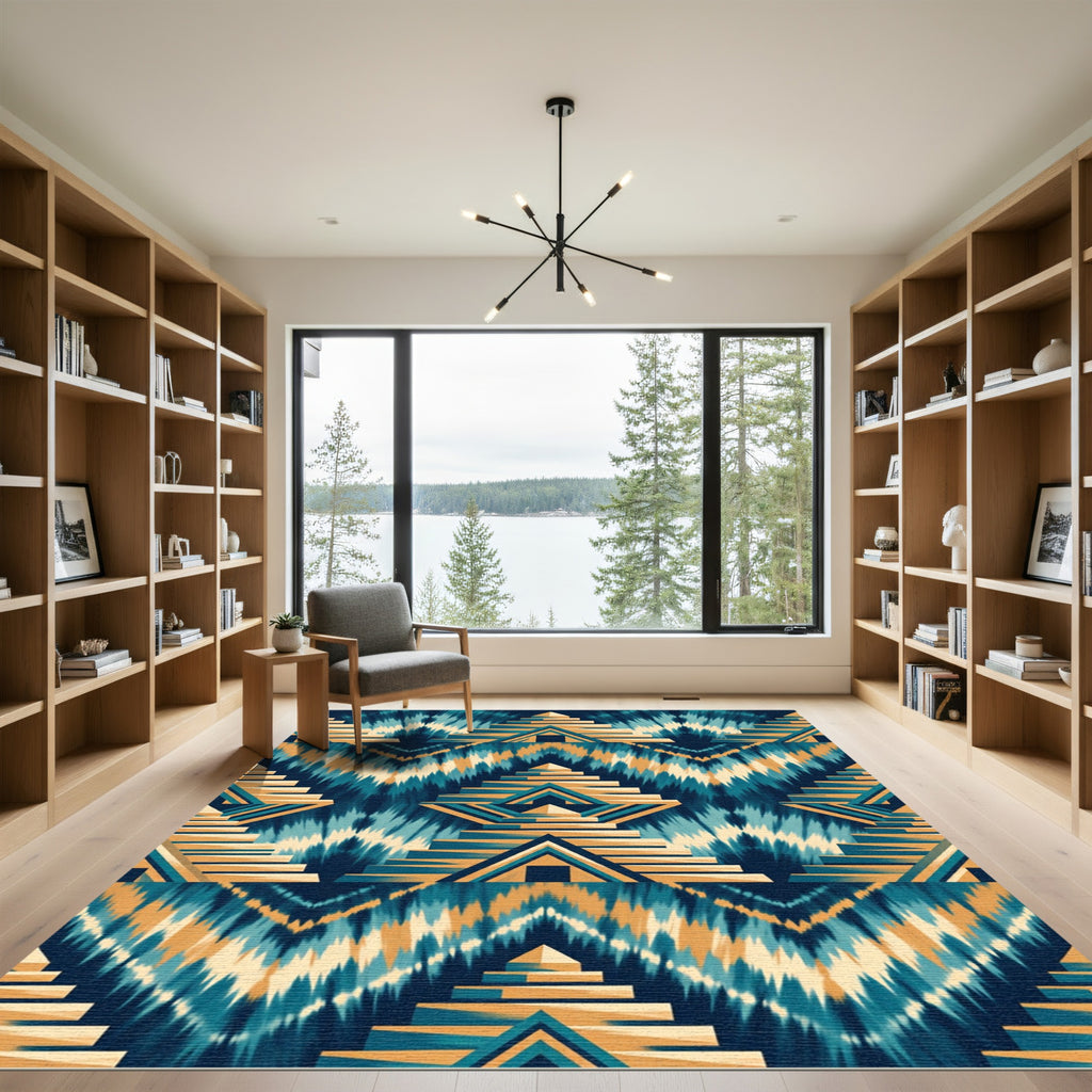 Teal and Ochre Aztec Step Pyramid Rug