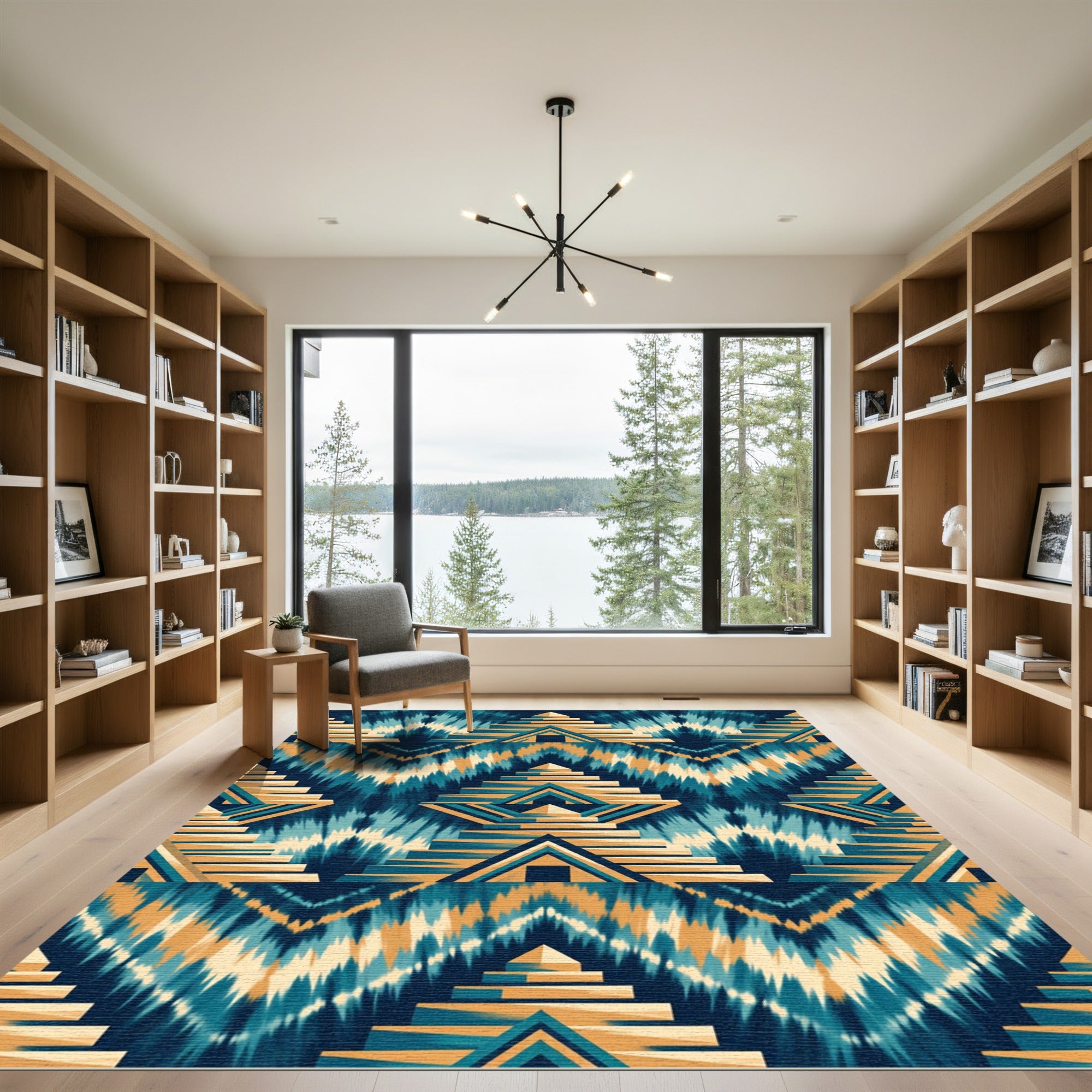 Teal and Ochre Aztec Step Pyramid Rug